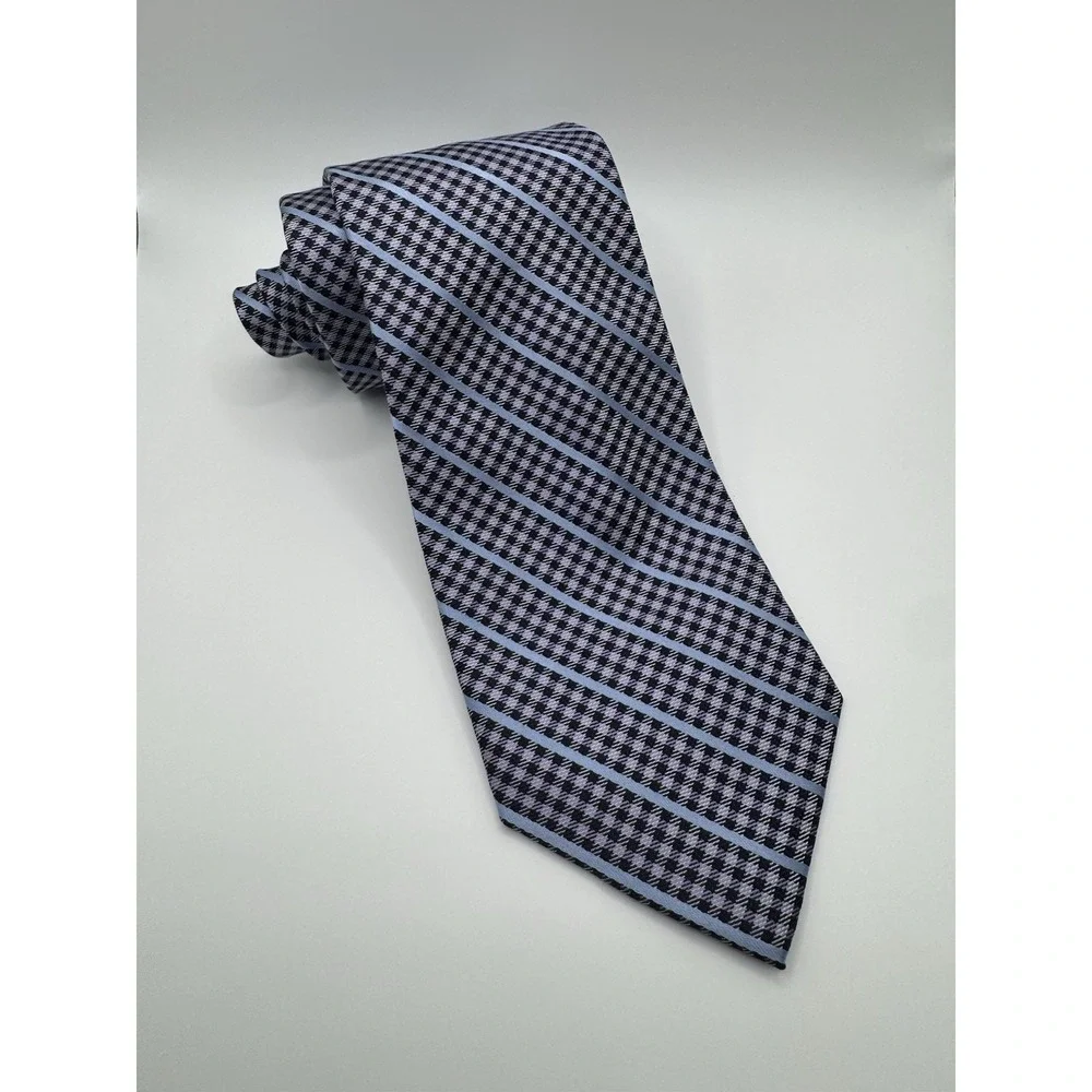 DKNY Silk Tie Gray Blue Striped Houndstooth Pattern‎ Classic Designer Neck Tie